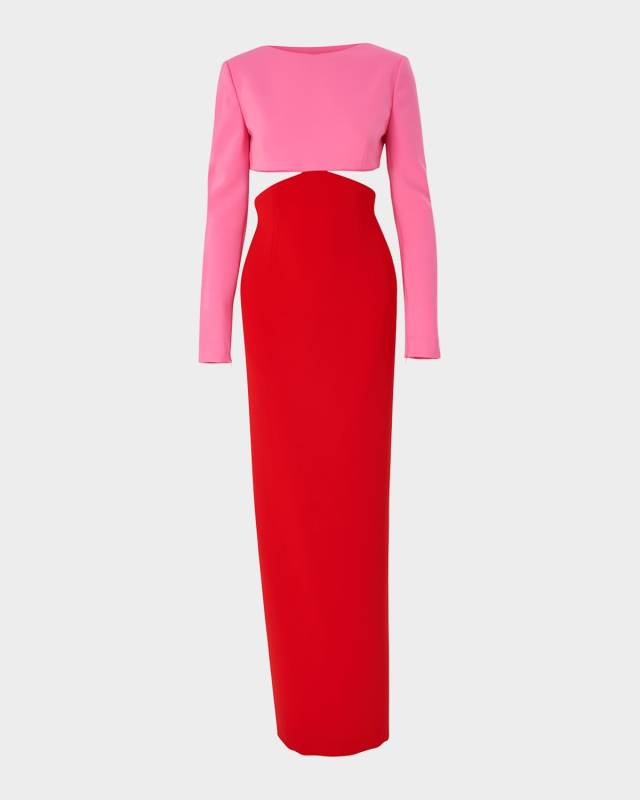 Colorblock Long-Sleeve Cutout Column Gown